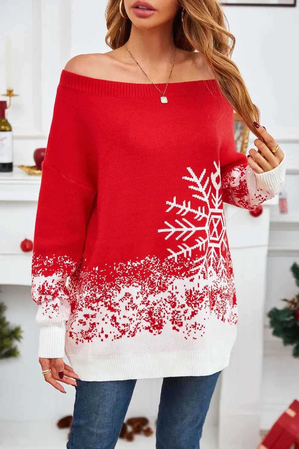 Fashorio Red / S Off-Shoulder Long Sleeve Sweater