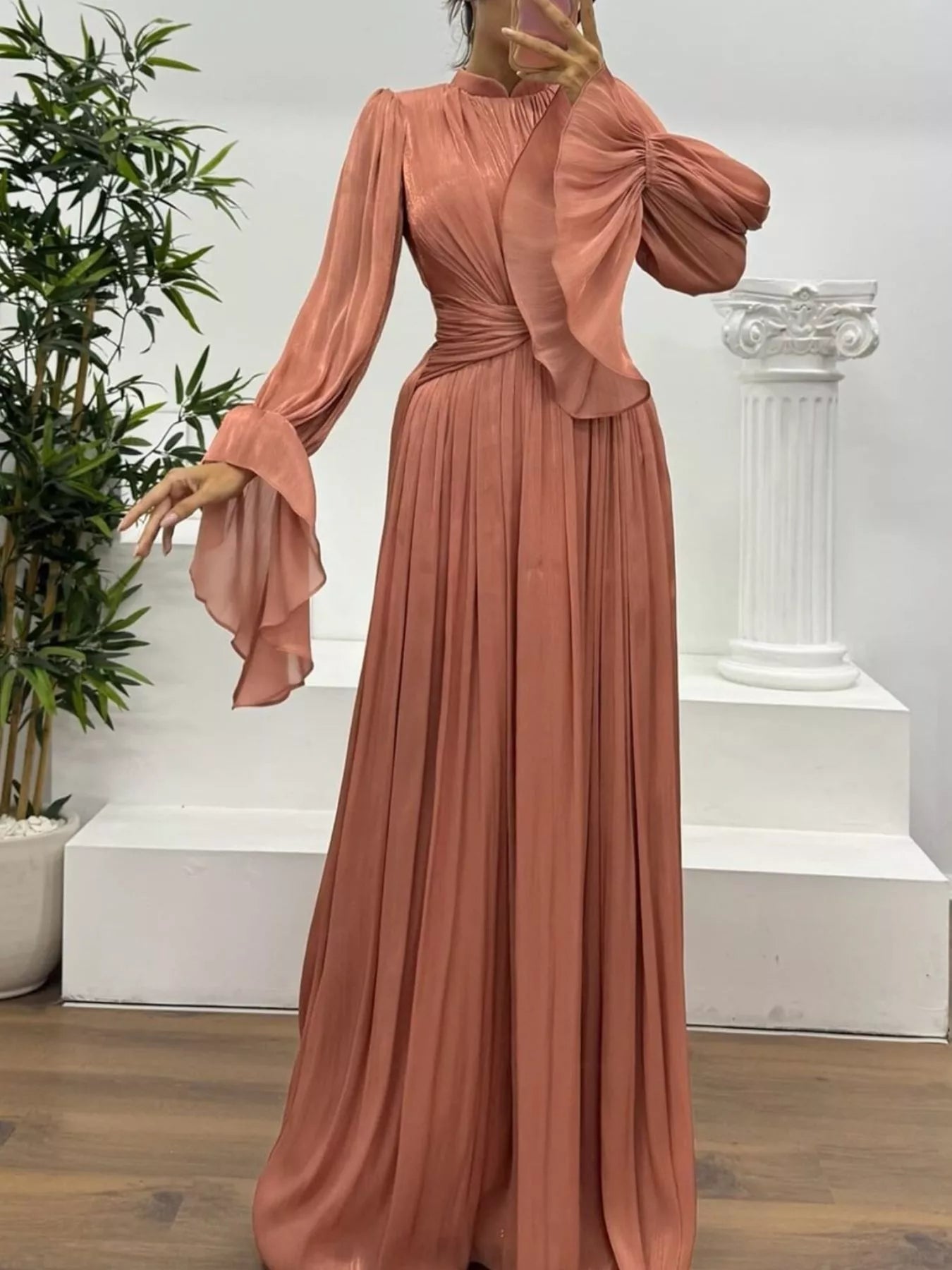 Fashorio Red / S Pleated Mock Neck Long Sleeve Maxi Dress