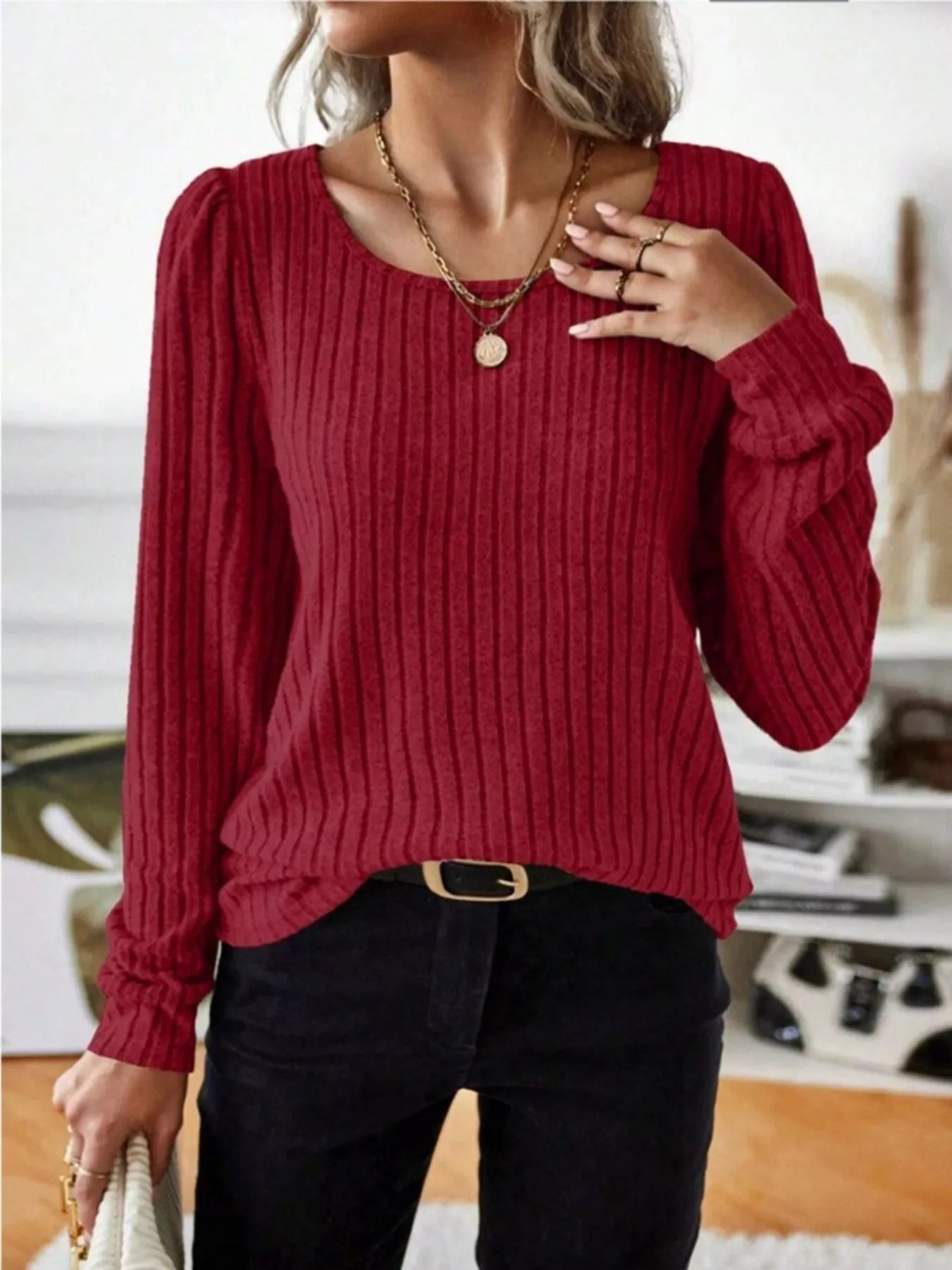 Fashorio Red / S Ribbed Knit Long Sleeve T-Shirt