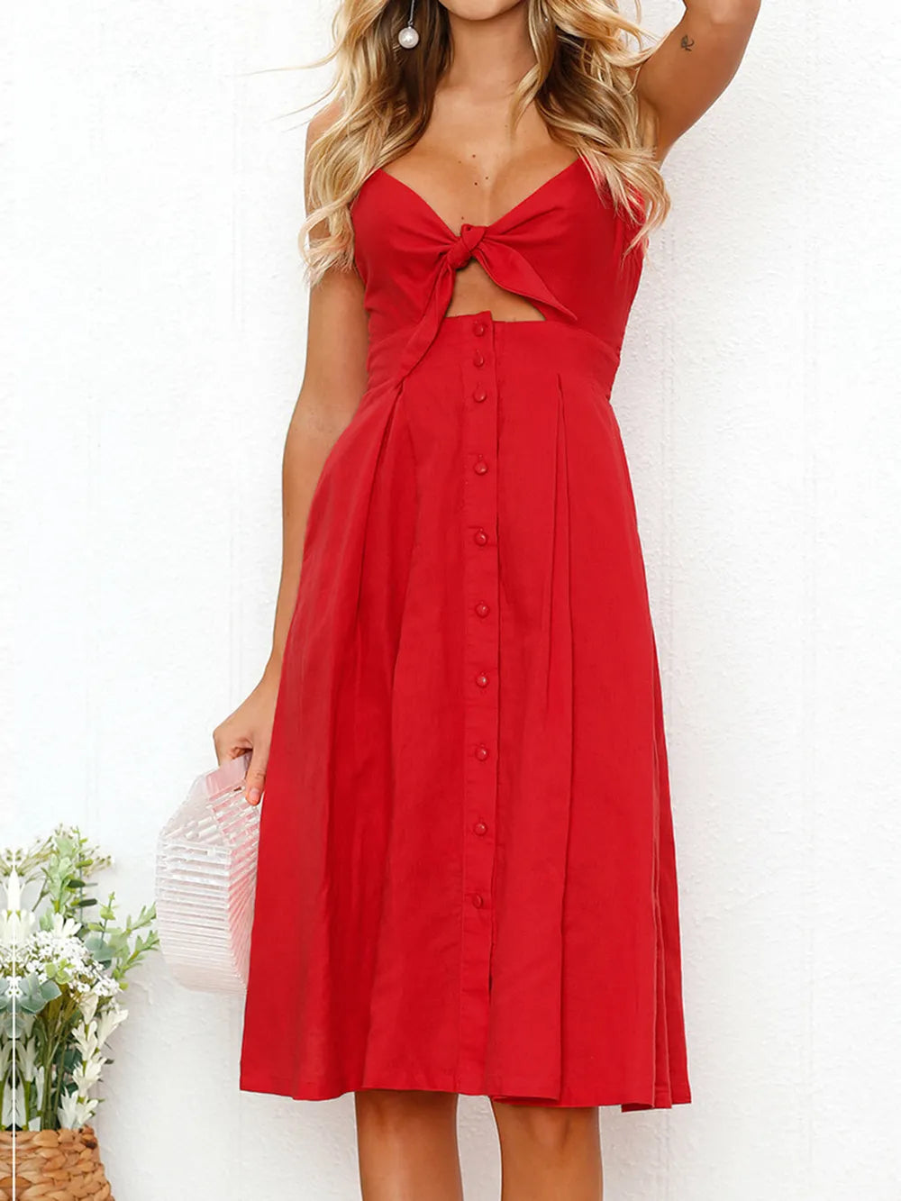 Fashorio Red / S Smocked Sweetheart Cami Dress with Cutout & Tie Detail