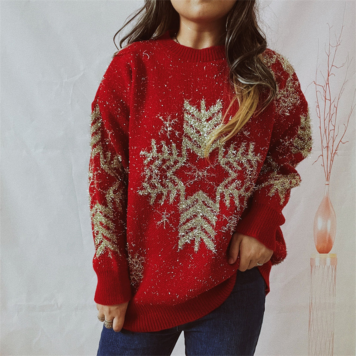 Fashorio Red / S Snowflake Pattern Long Sleeve Sweater