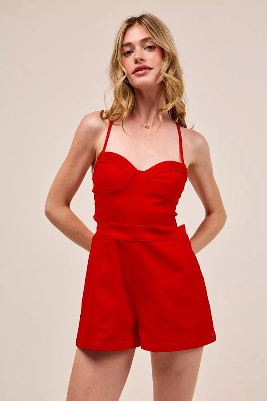 SO ME Fitted Open Back Game Day Romper with Lace Up Deta RED - Fashorio
