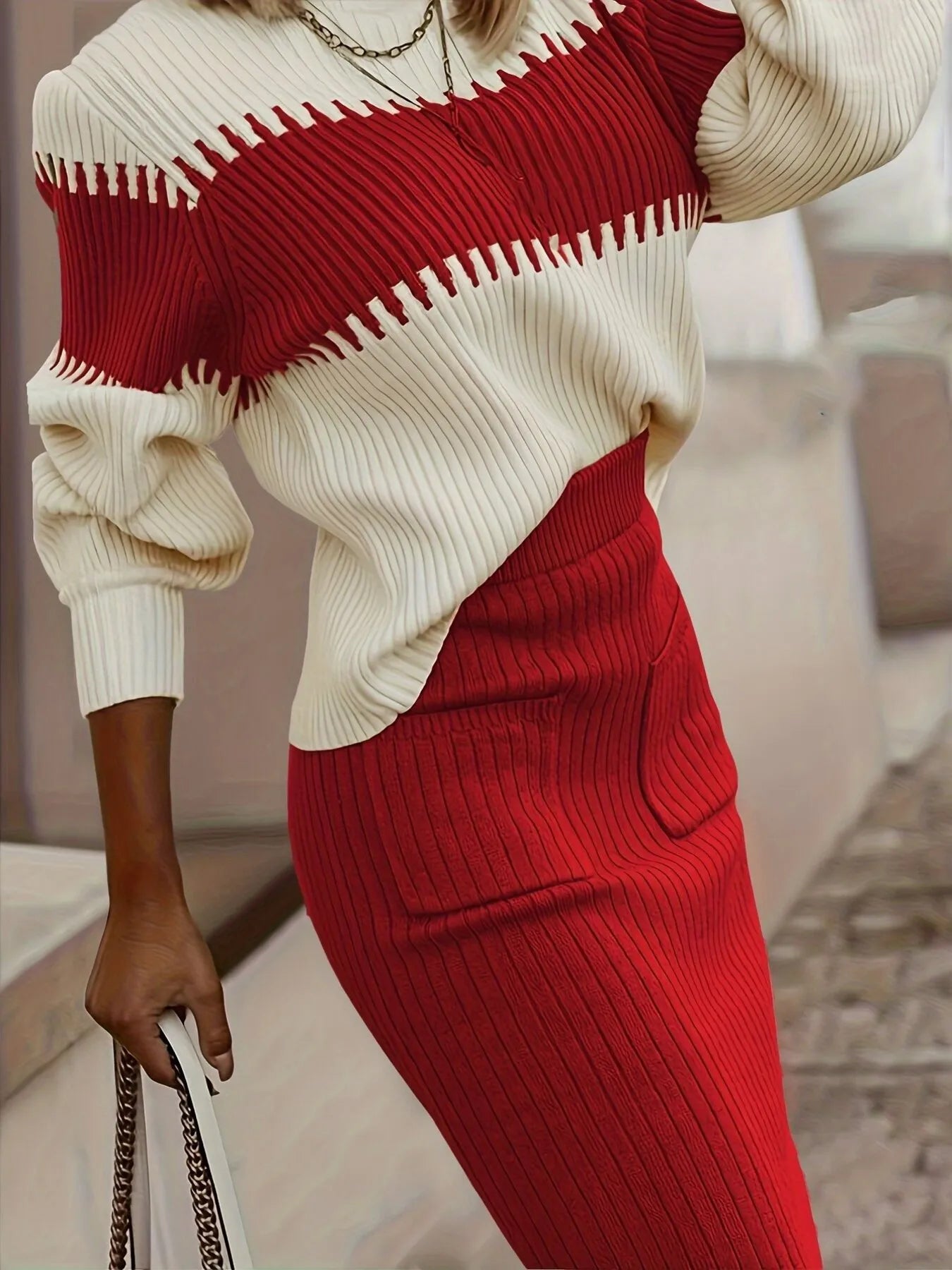 Fashorio Red / S Two-Tone Ribbed Knit Top and Skirt Sweater Set