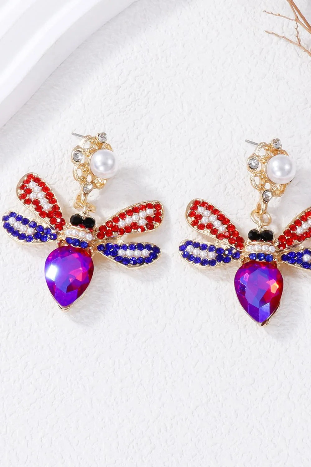 Fashorio Red-Violet / One Size Natural Stone Bee Dangle Earrings