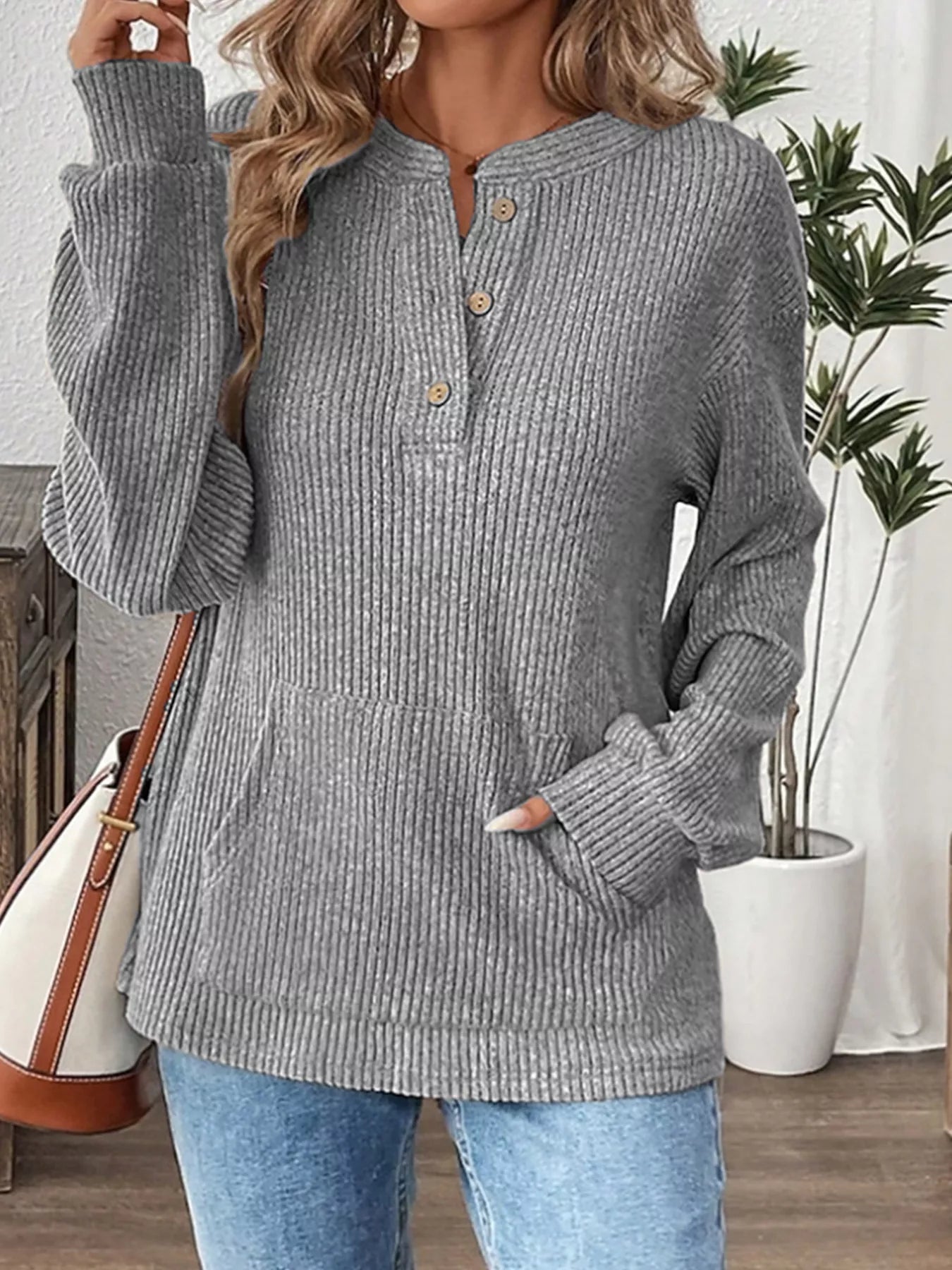 Fashorio Ribbed Button Detail Long Sleeve T-Shirt