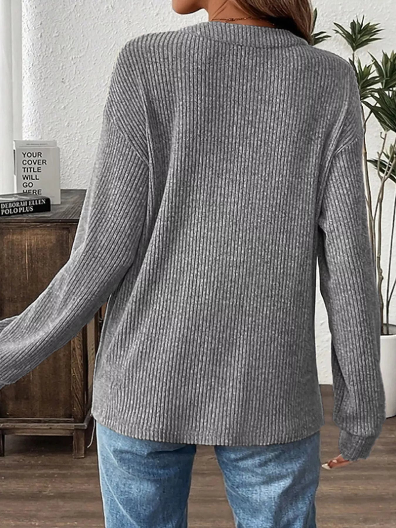 Fashorio Ribbed Button Detail Long Sleeve T-Shirt
