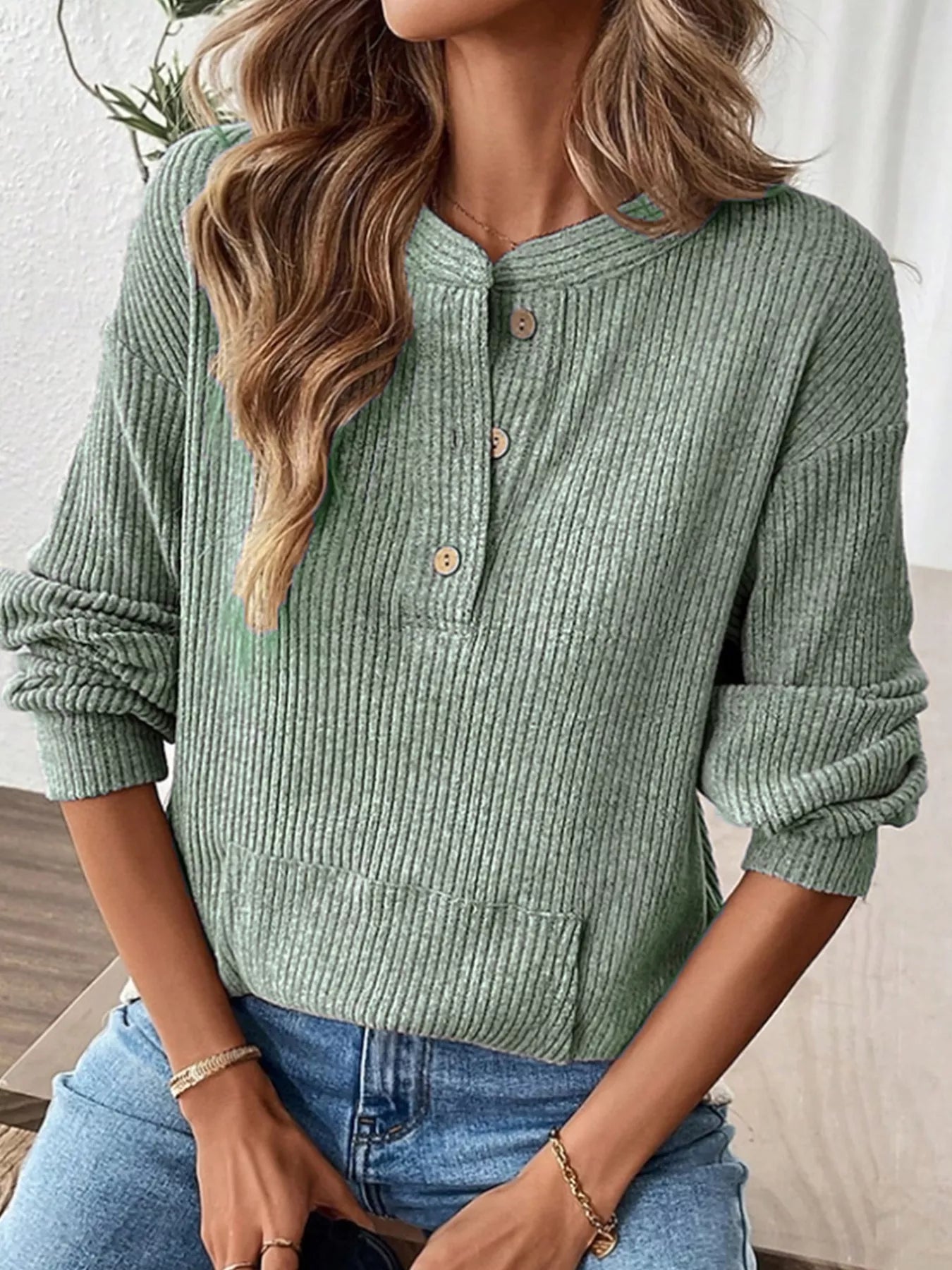 Fashorio Ribbed Button Detail Long Sleeve T-Shirt