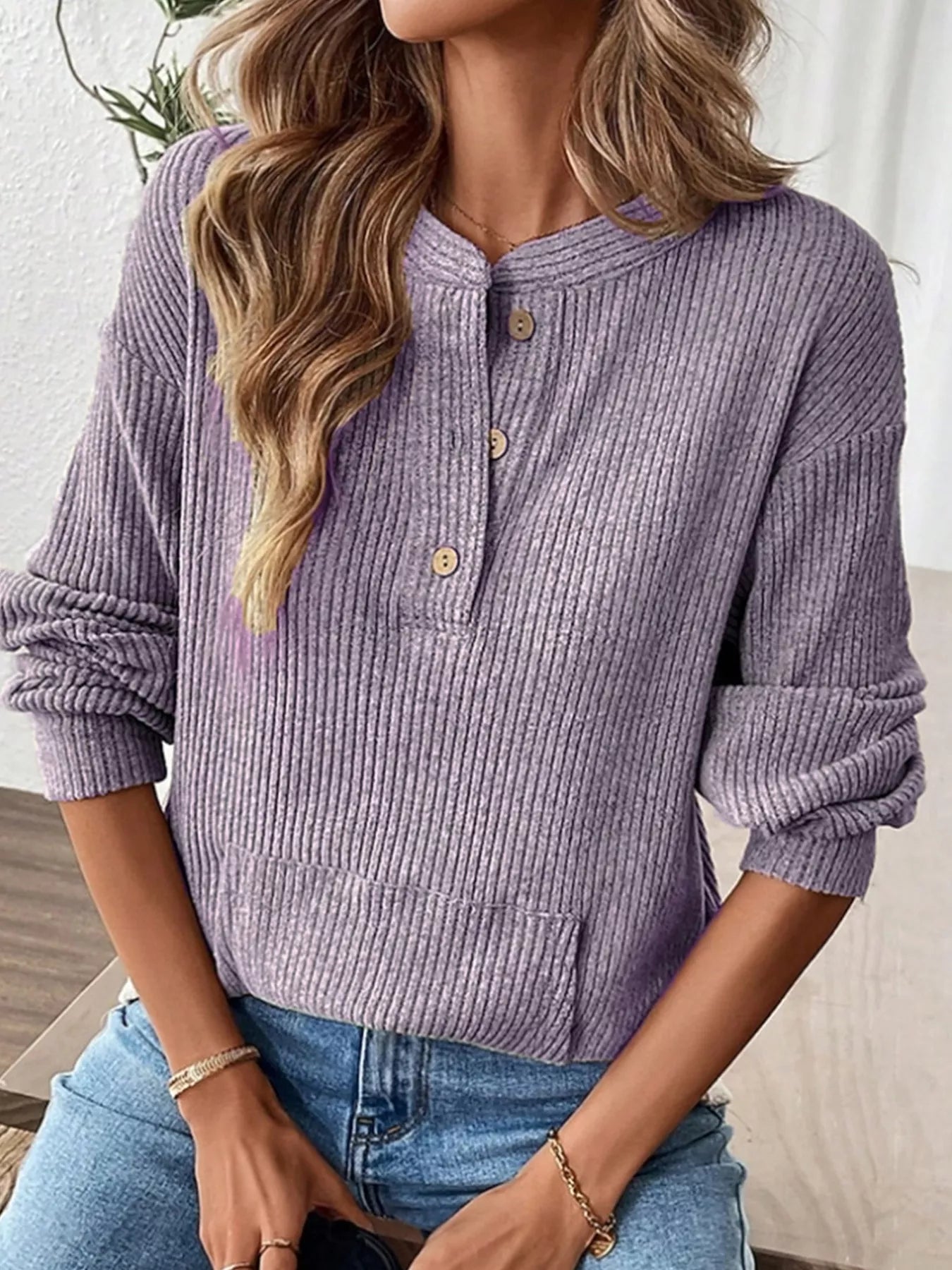 Fashorio Ribbed Button Detail Long Sleeve T-Shirt