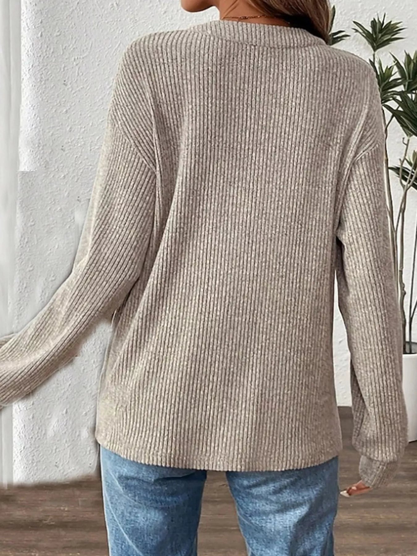 Fashorio Ribbed Button Detail Long Sleeve T-Shirt