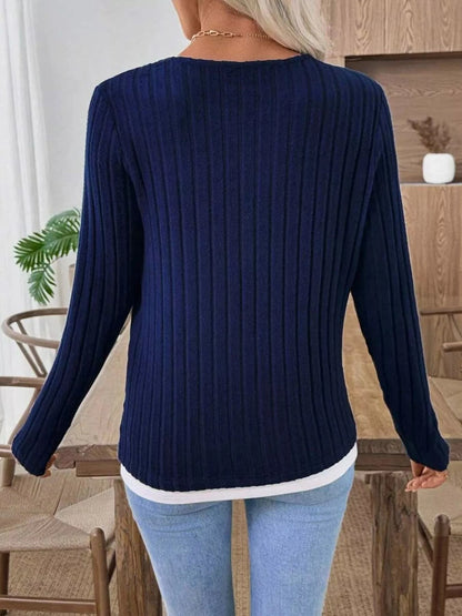 Ribbed Knit Button Detail Contrast Sweater - Fashorio