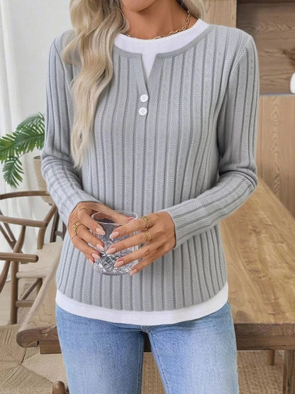Ribbed Knit Button Detail Contrast Sweater - Fashorio