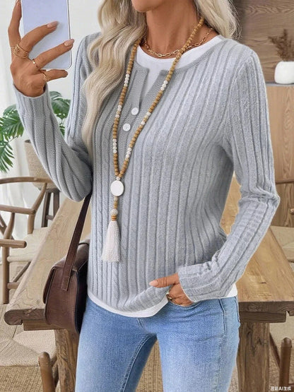 Ribbed Knit Button Detail Contrast Sweater - Fashorio