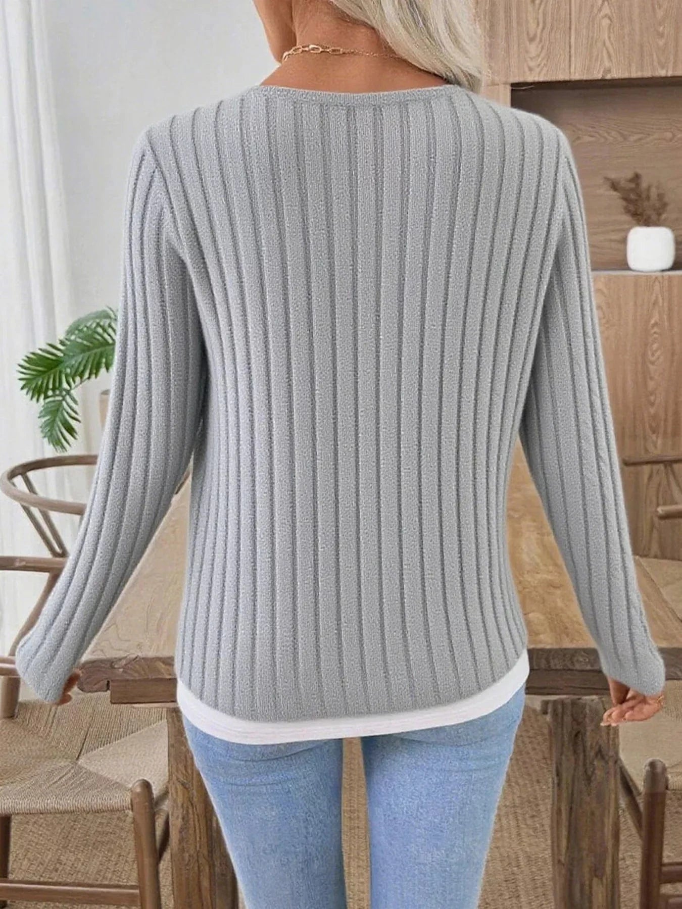 Fashorio Ribbed Knit Button Detail Contrast Sweater
