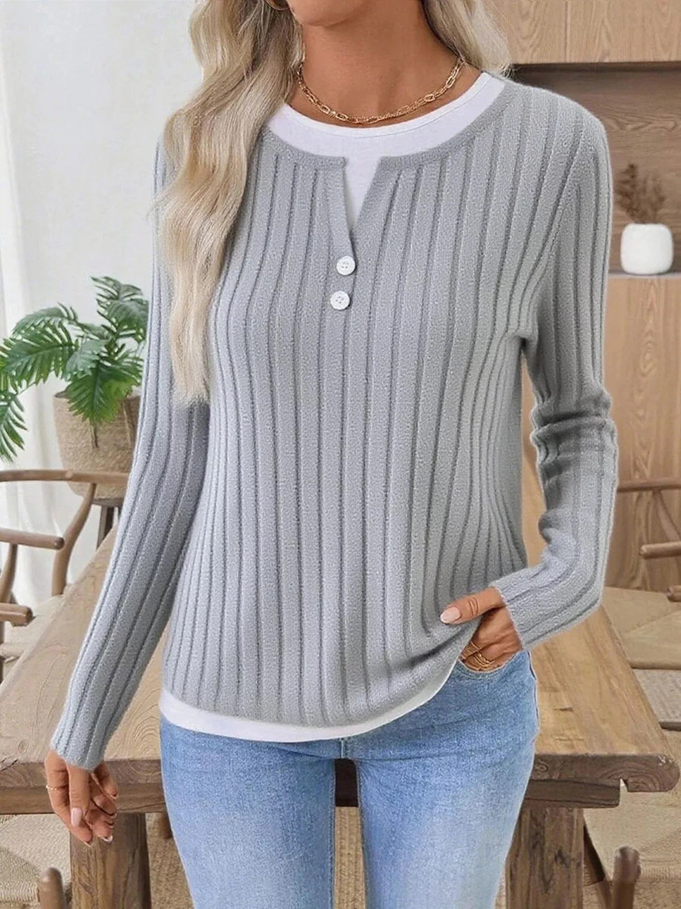 Fashorio Ribbed Knit Button Detail Contrast Sweater