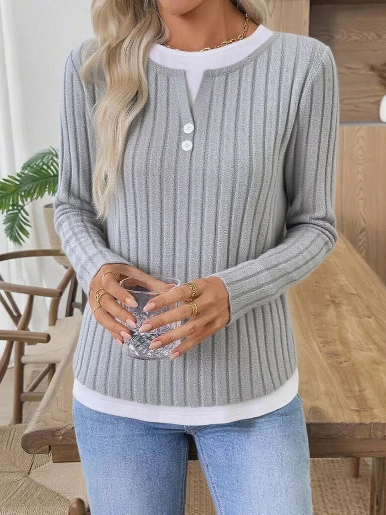 Fashorio Ribbed Knit Button Detail Contrast Sweater