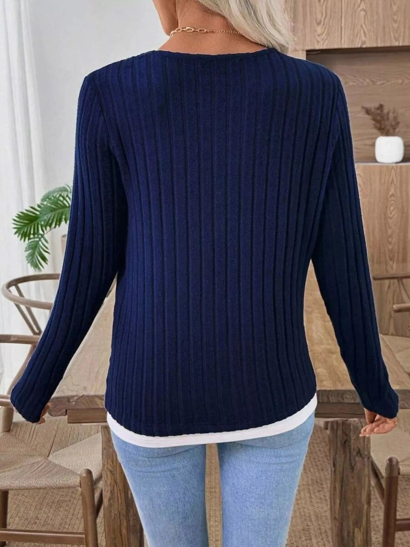 Fashorio Ribbed Knit Button Detail Contrast Sweater