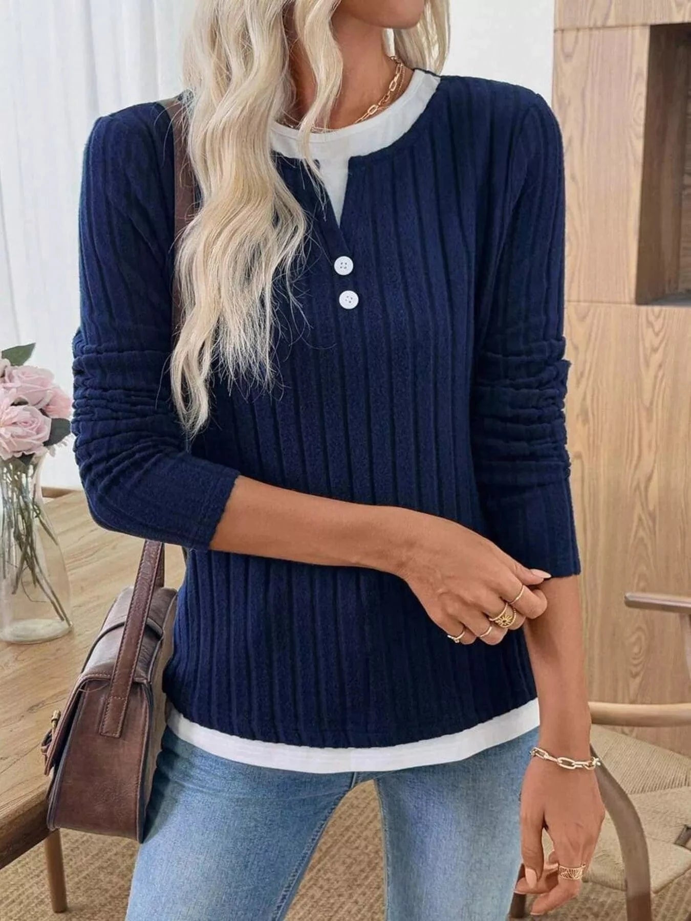 Fashorio Ribbed Knit Button Detail Contrast Sweater