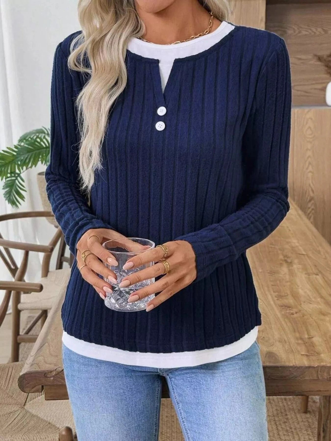 Fashorio Ribbed Knit Button Detail Contrast Sweater