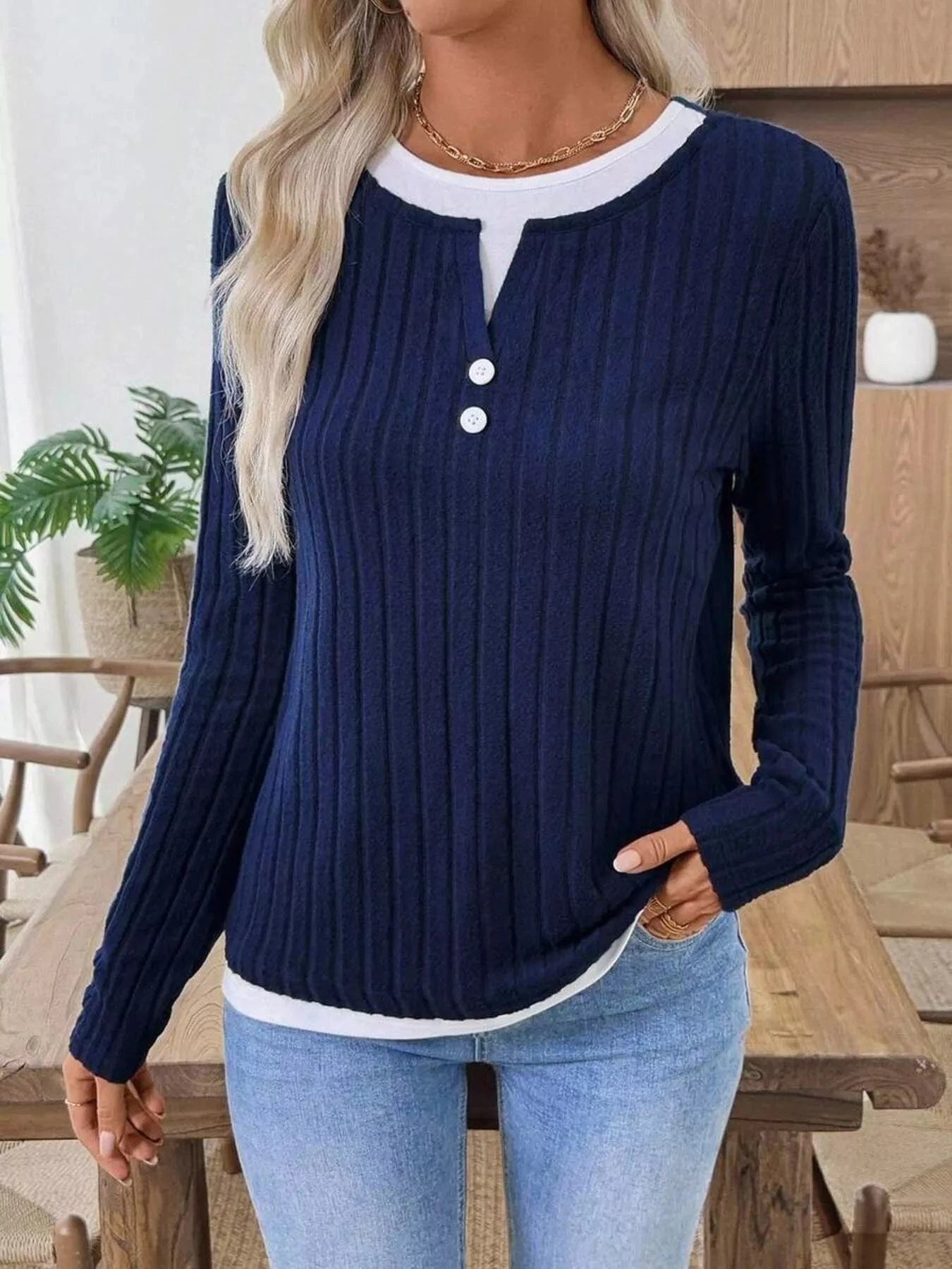 Fashorio Ribbed Knit Button Detail Contrast Sweater