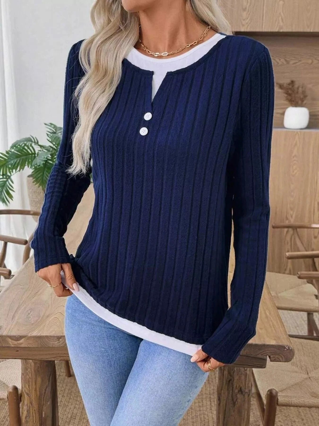 Fashorio Ribbed Knit Button Detail Contrast Sweater