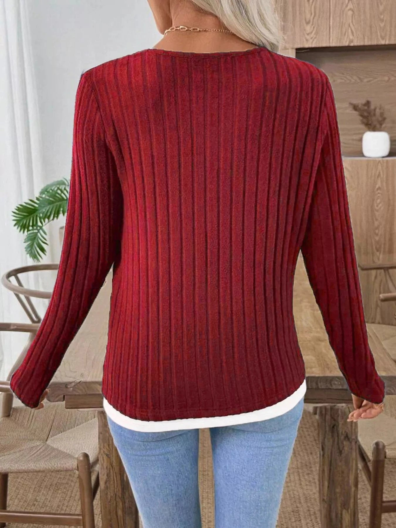 Fashorio Ribbed Knit Button Detail Contrast Sweater