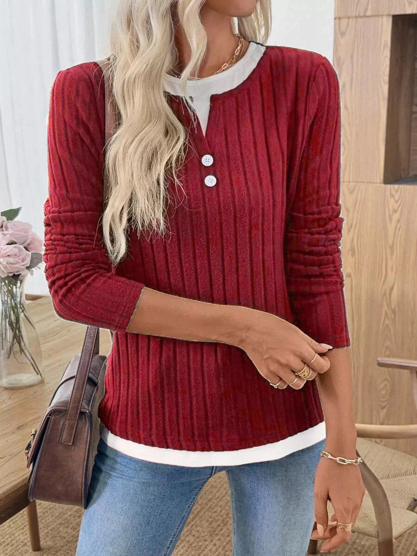 Fashorio Ribbed Knit Button Detail Contrast Sweater
