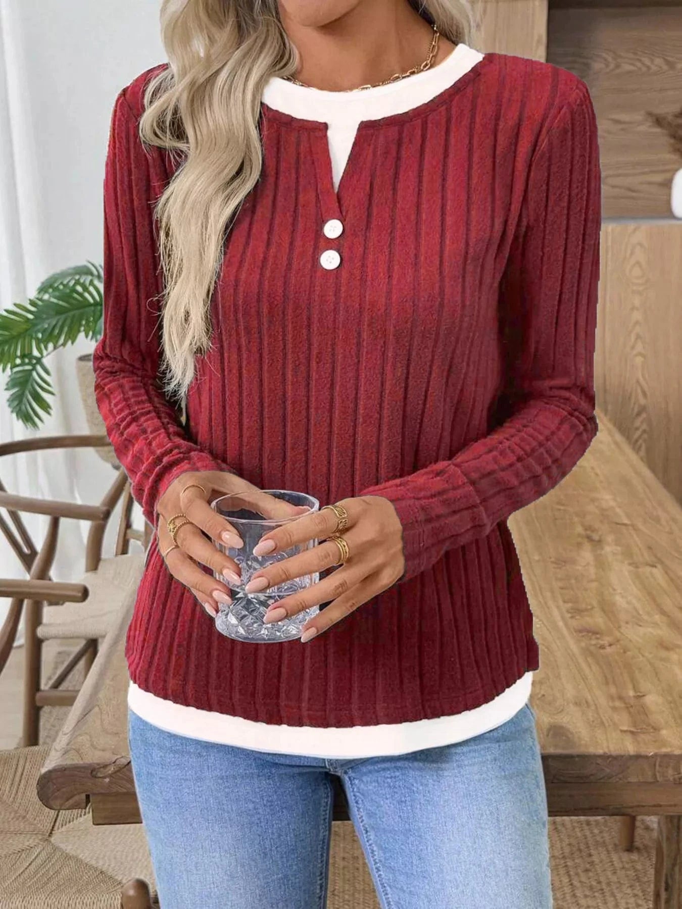 Fashorio Ribbed Knit Button Detail Contrast Sweater