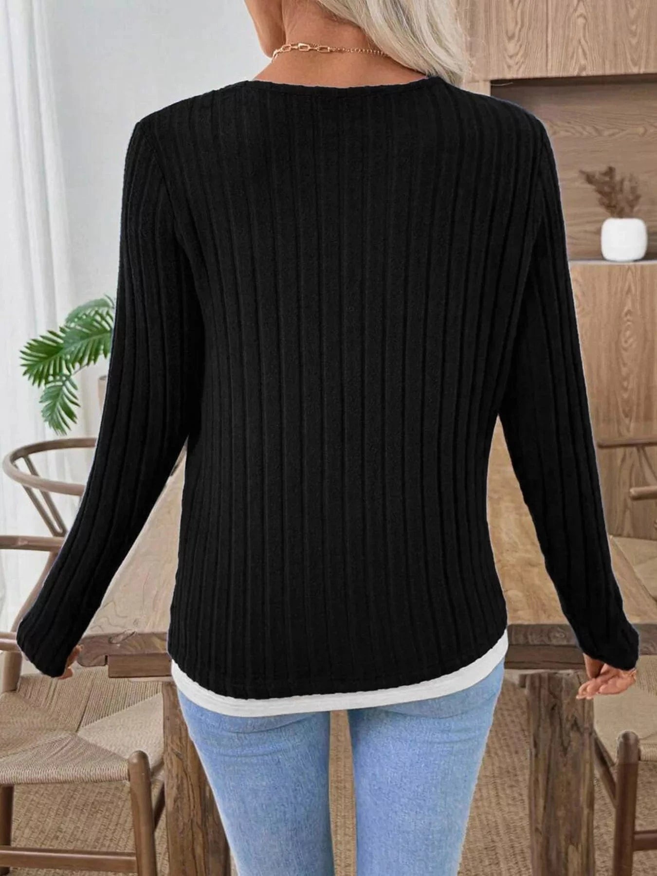 Fashorio Ribbed Knit Button Detail Contrast Sweater