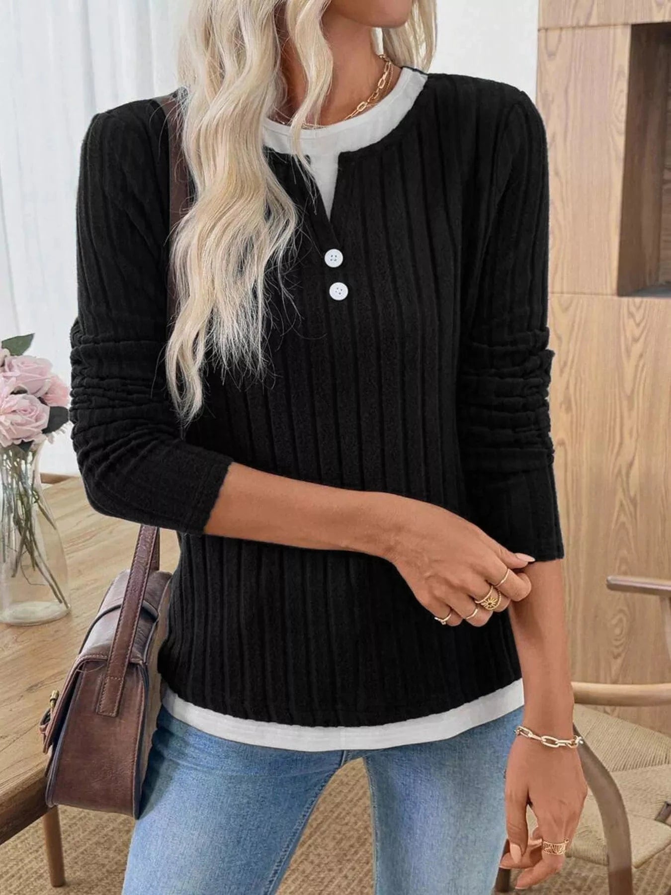 Fashorio Ribbed Knit Button Detail Contrast Sweater