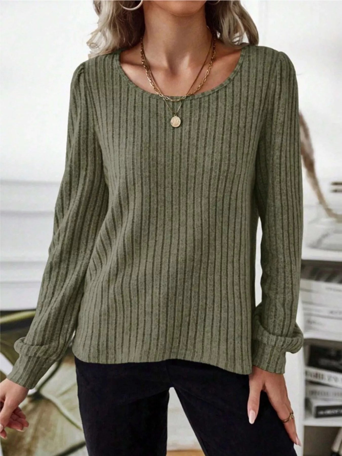 Fashorio Ribbed Knit Long Sleeve T-Shirt