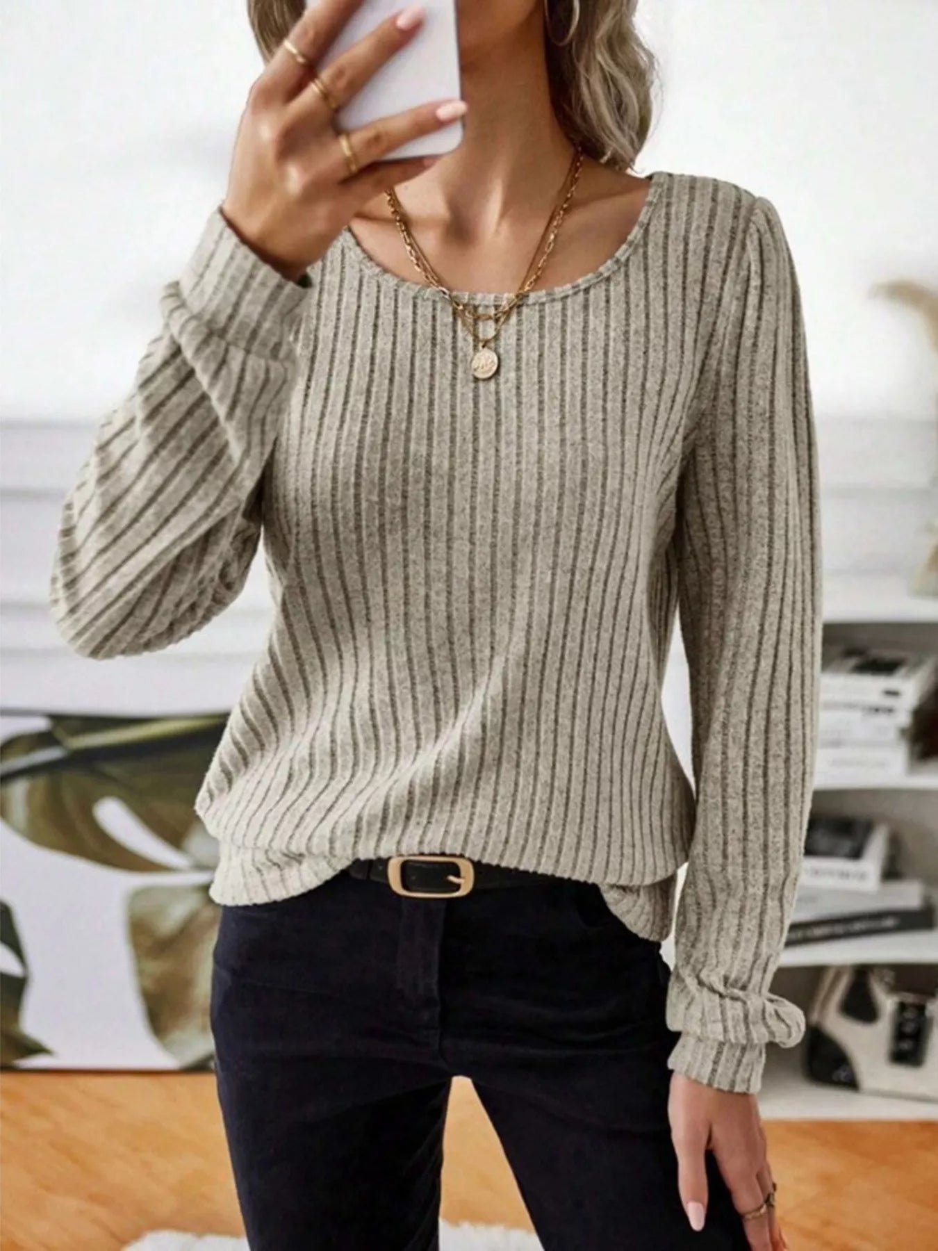 Fashorio Ribbed Knit Long Sleeve T-Shirt