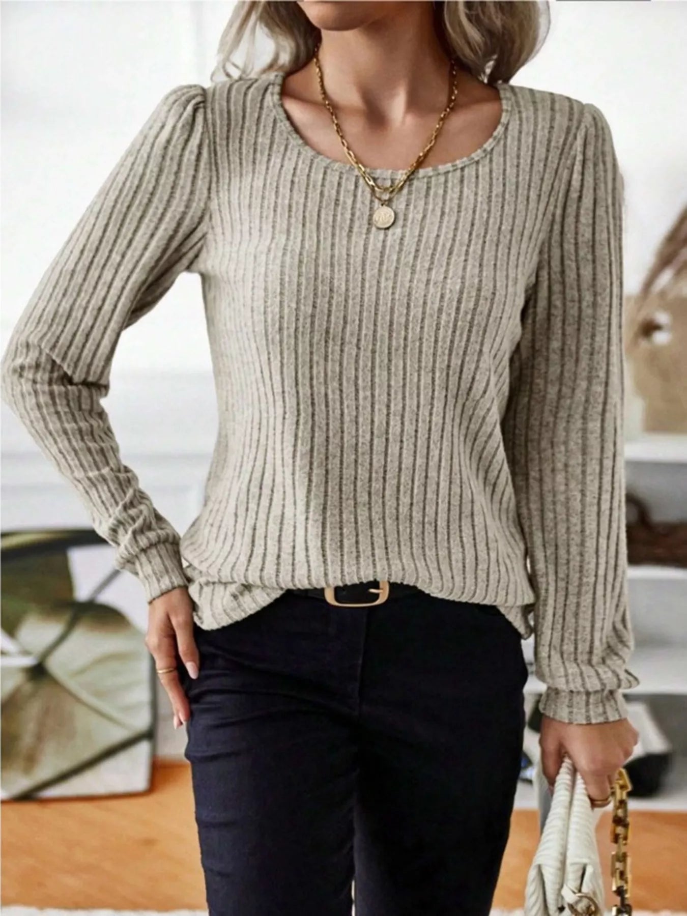 Fashorio Ribbed Knit Long Sleeve T-Shirt