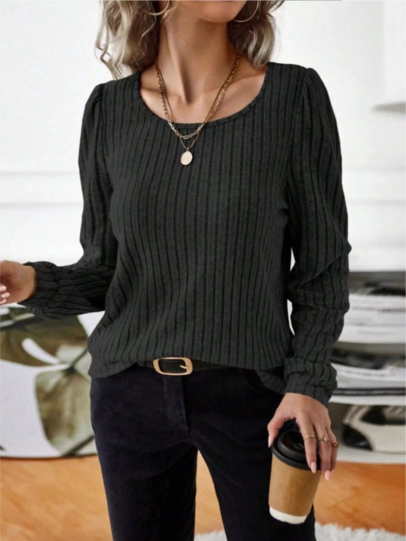Fashorio Ribbed Knit Long Sleeve T-Shirt