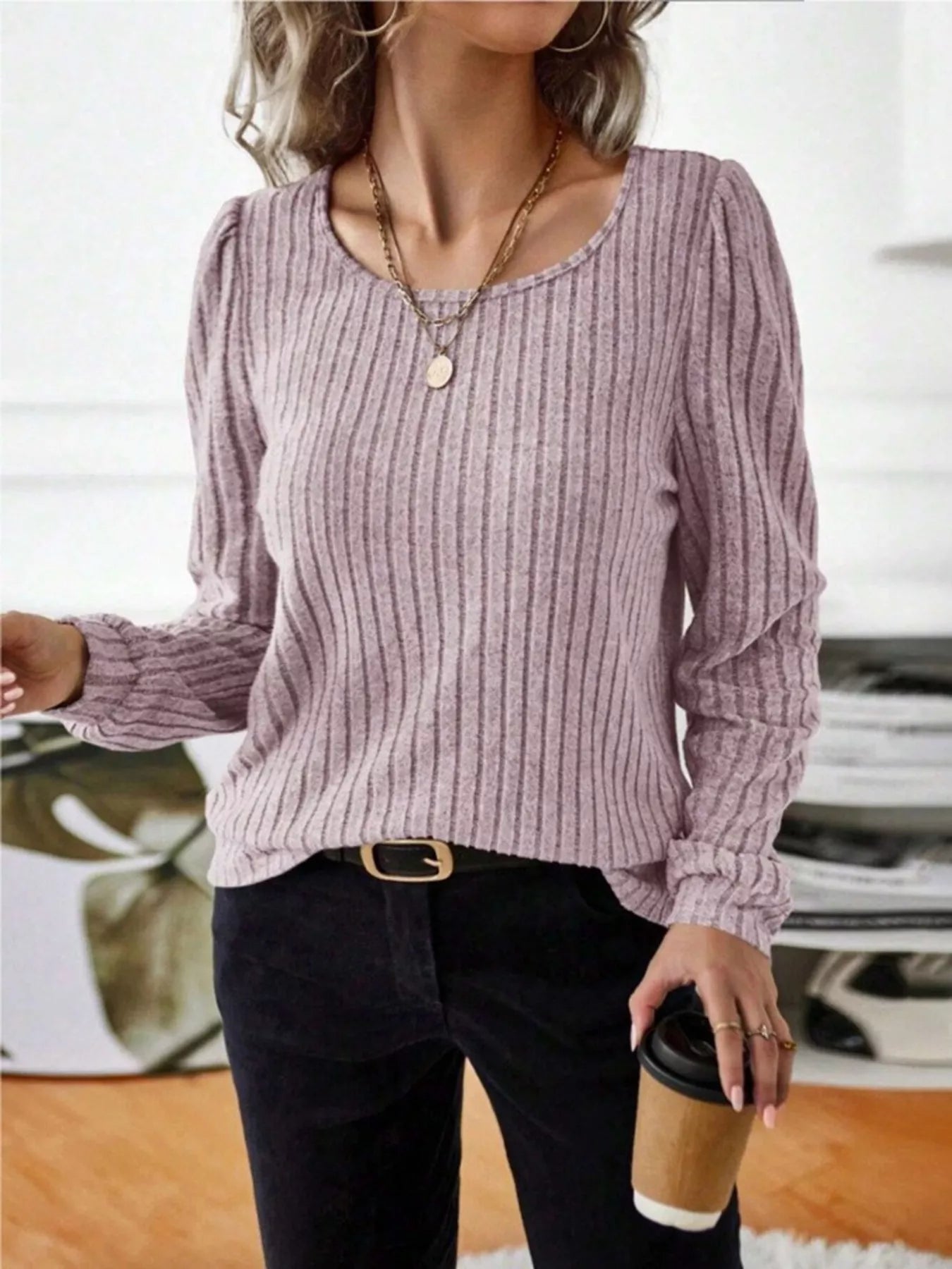 Fashorio Ribbed Knit Long Sleeve T-Shirt