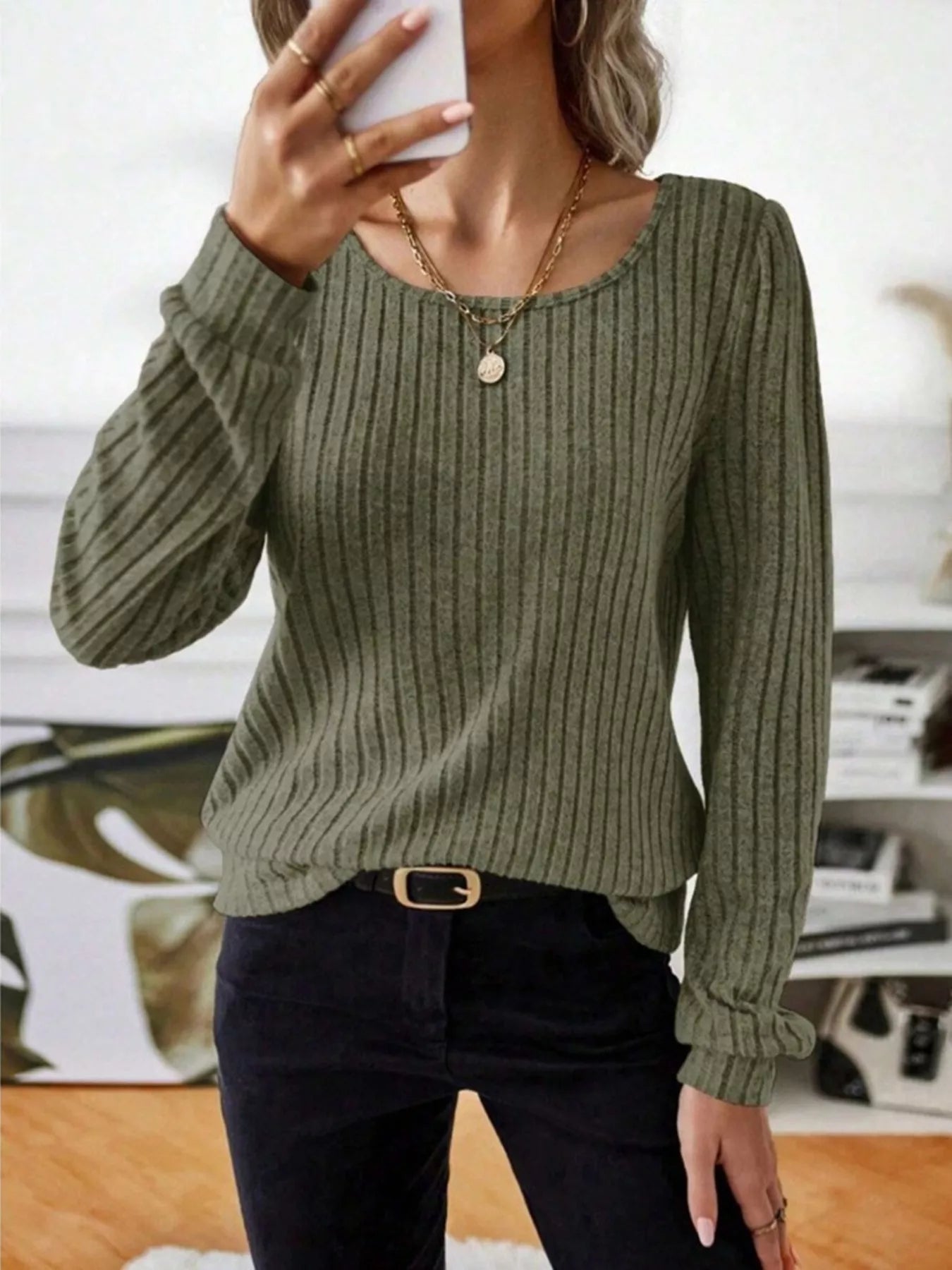 Fashorio Ribbed Knit Long Sleeve T-Shirt