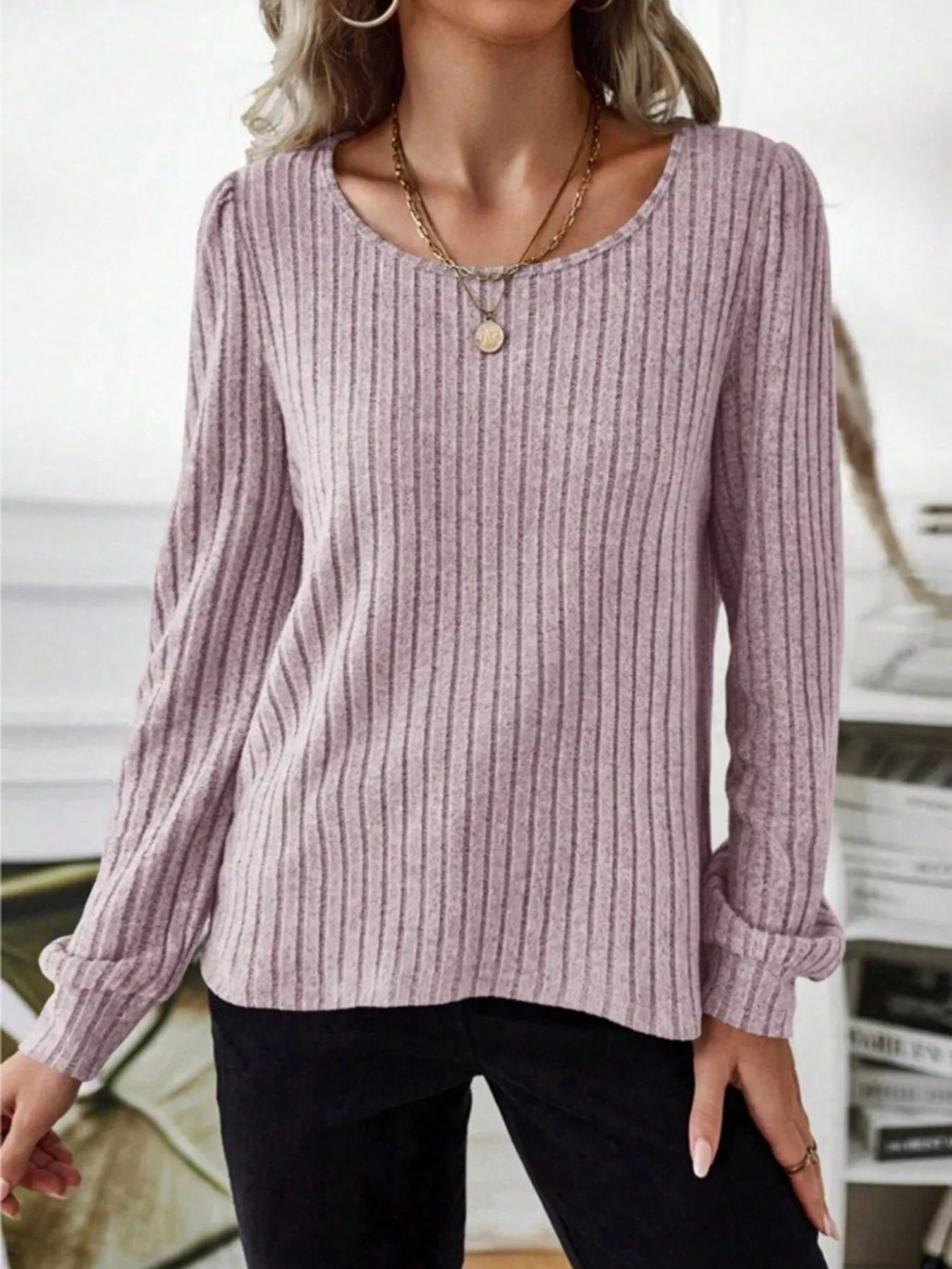 Fashorio Ribbed Knit Long Sleeve T-Shirt