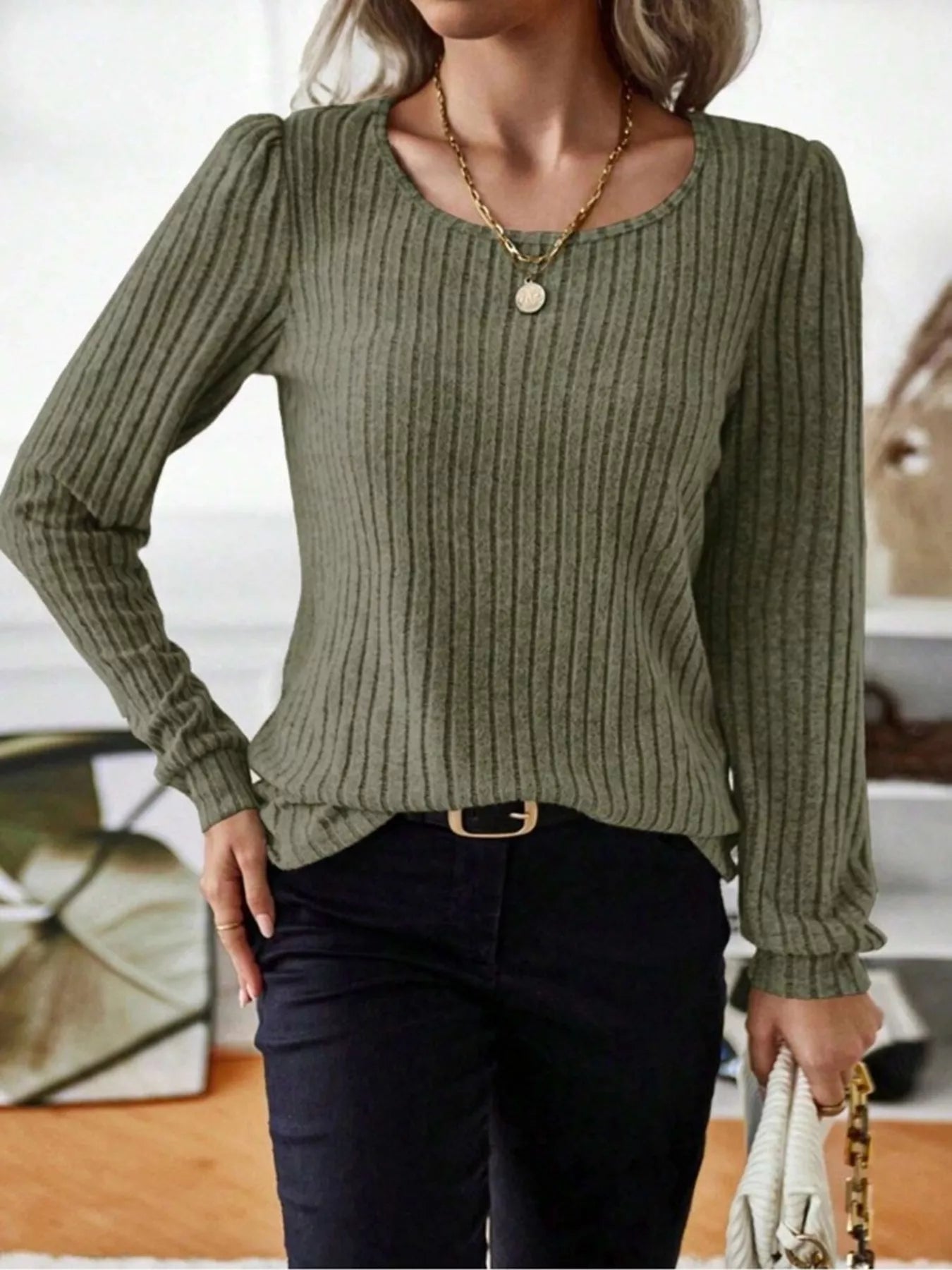 Fashorio Ribbed Knit Long Sleeve T-Shirt