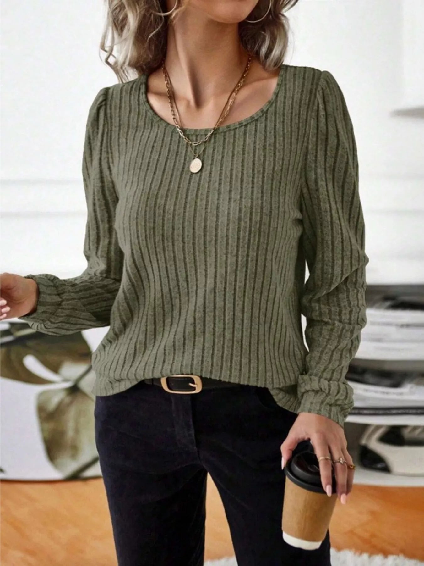 Fashorio Ribbed Knit Long Sleeve T-Shirt