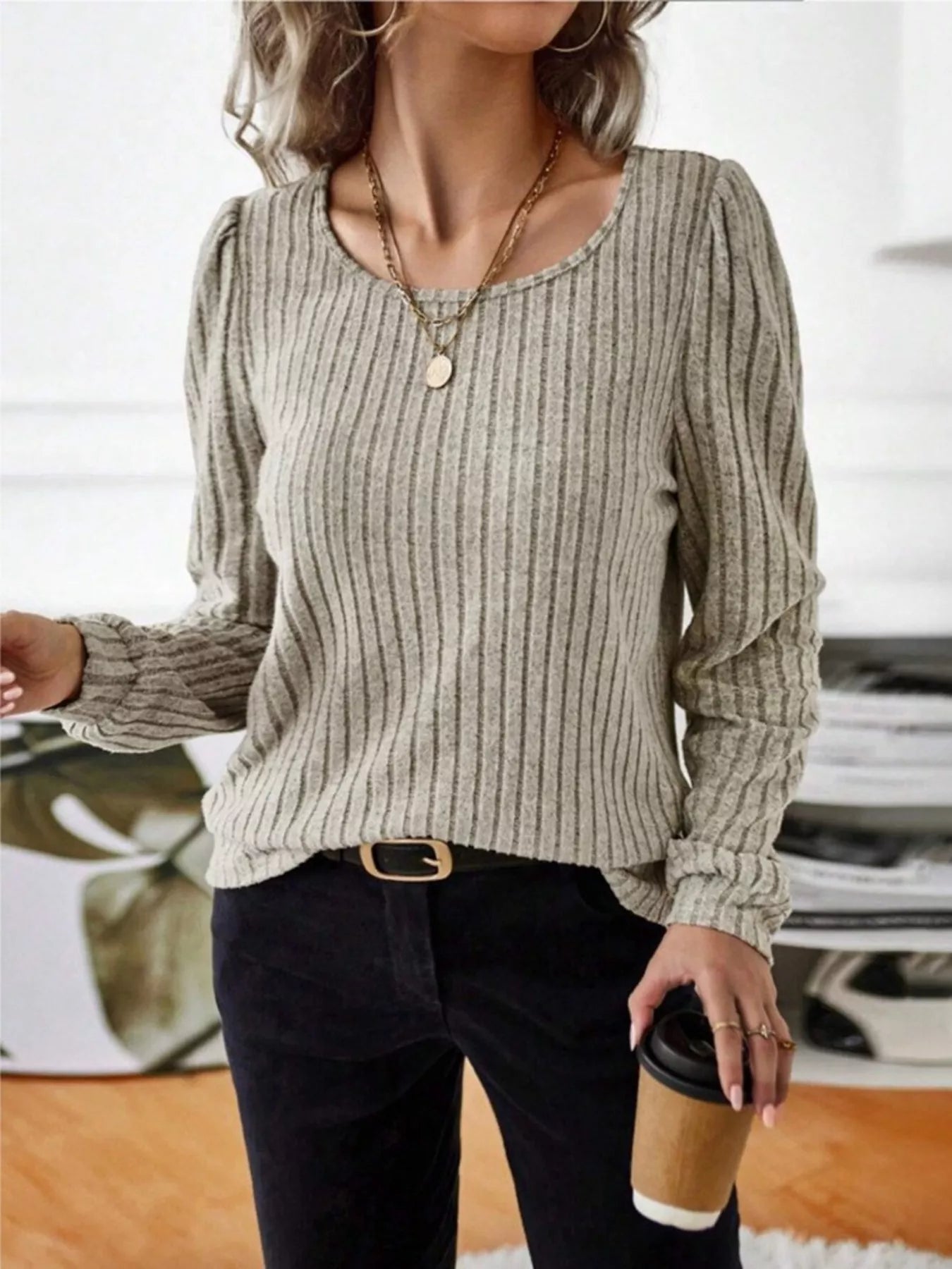 Fashorio Ribbed Knit Long Sleeve T-Shirt