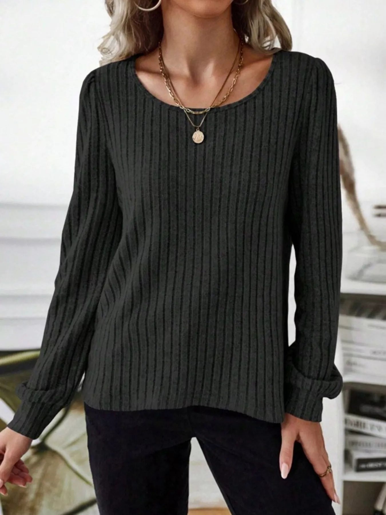 Fashorio Ribbed Knit Long Sleeve T-Shirt