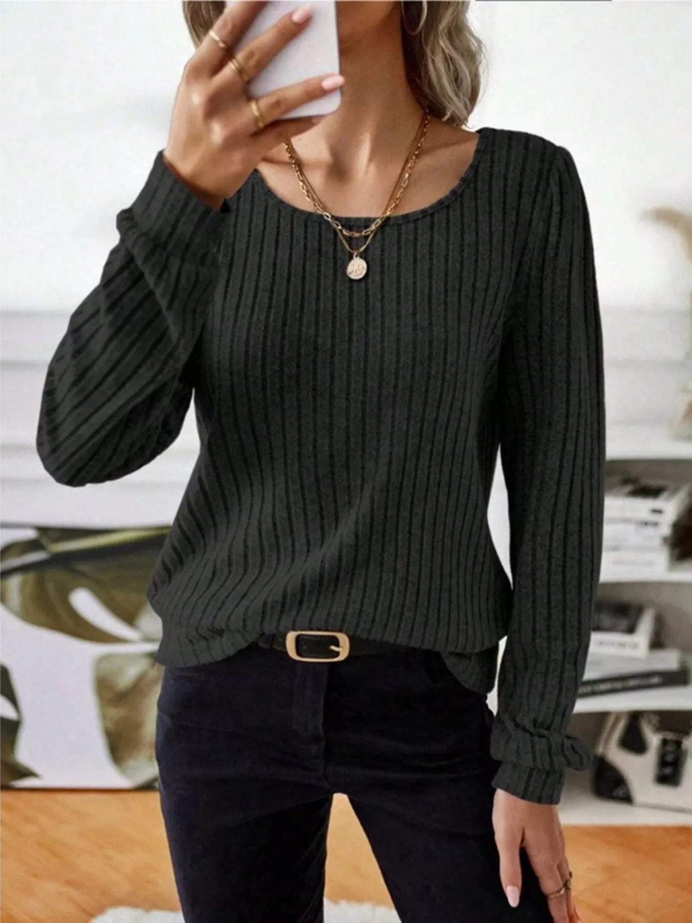 Fashorio Ribbed Knit Long Sleeve T-Shirt