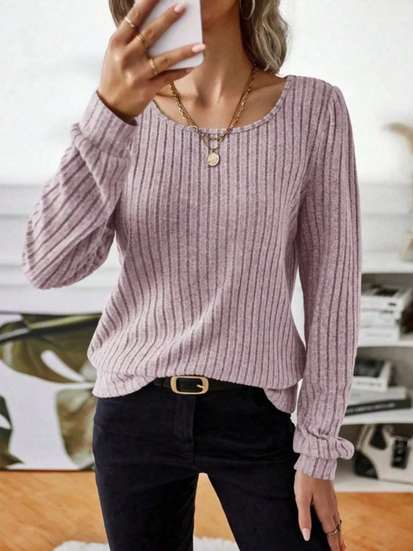 Fashorio Ribbed Knit Long Sleeve T-Shirt