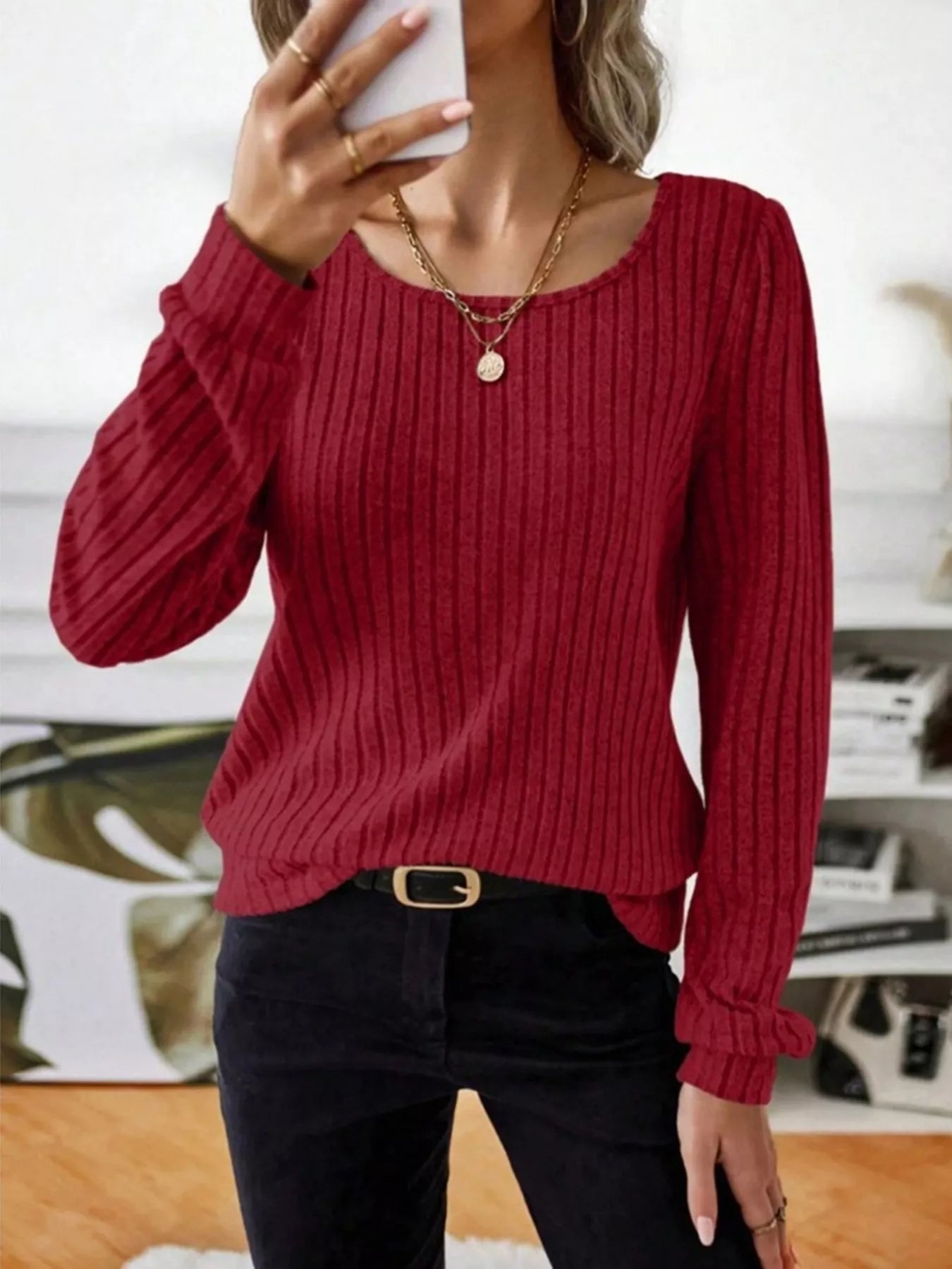 Fashorio Ribbed Knit Long Sleeve T-Shirt