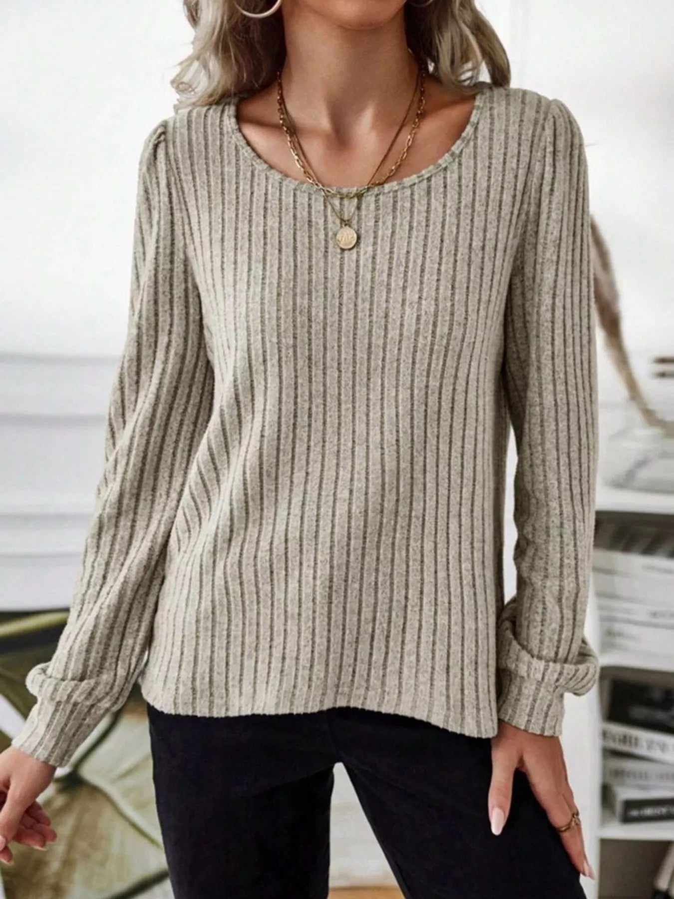 Fashorio Ribbed Knit Long Sleeve T-Shirt