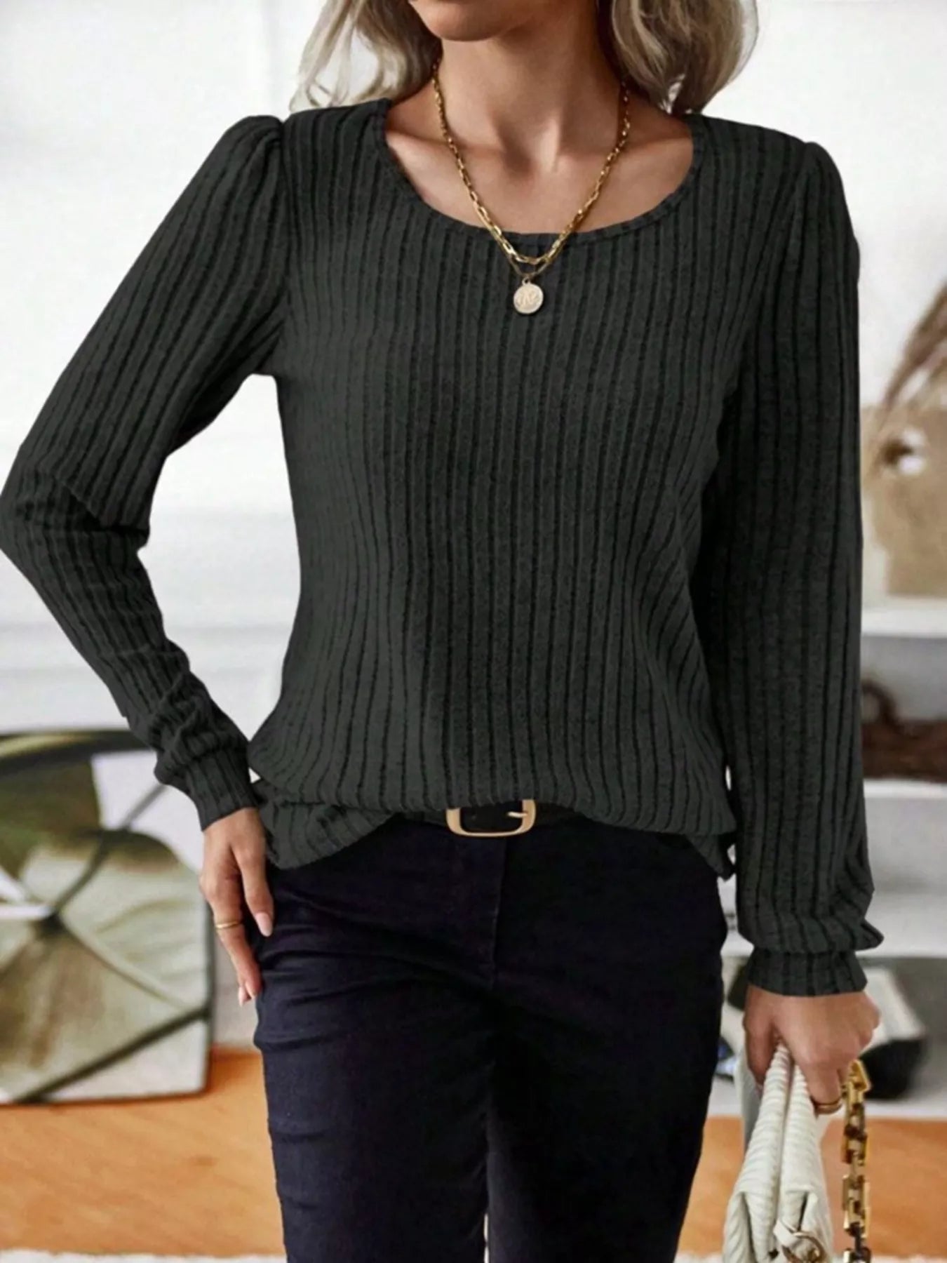 Fashorio Ribbed Knit Long Sleeve T-Shirt