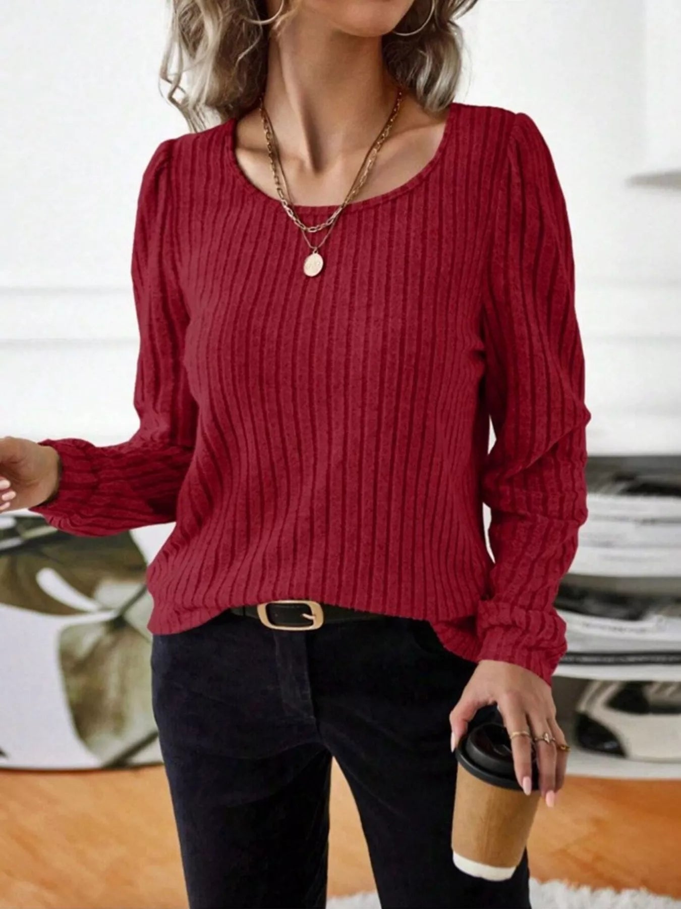 Fashorio Ribbed Knit Long Sleeve T-Shirt