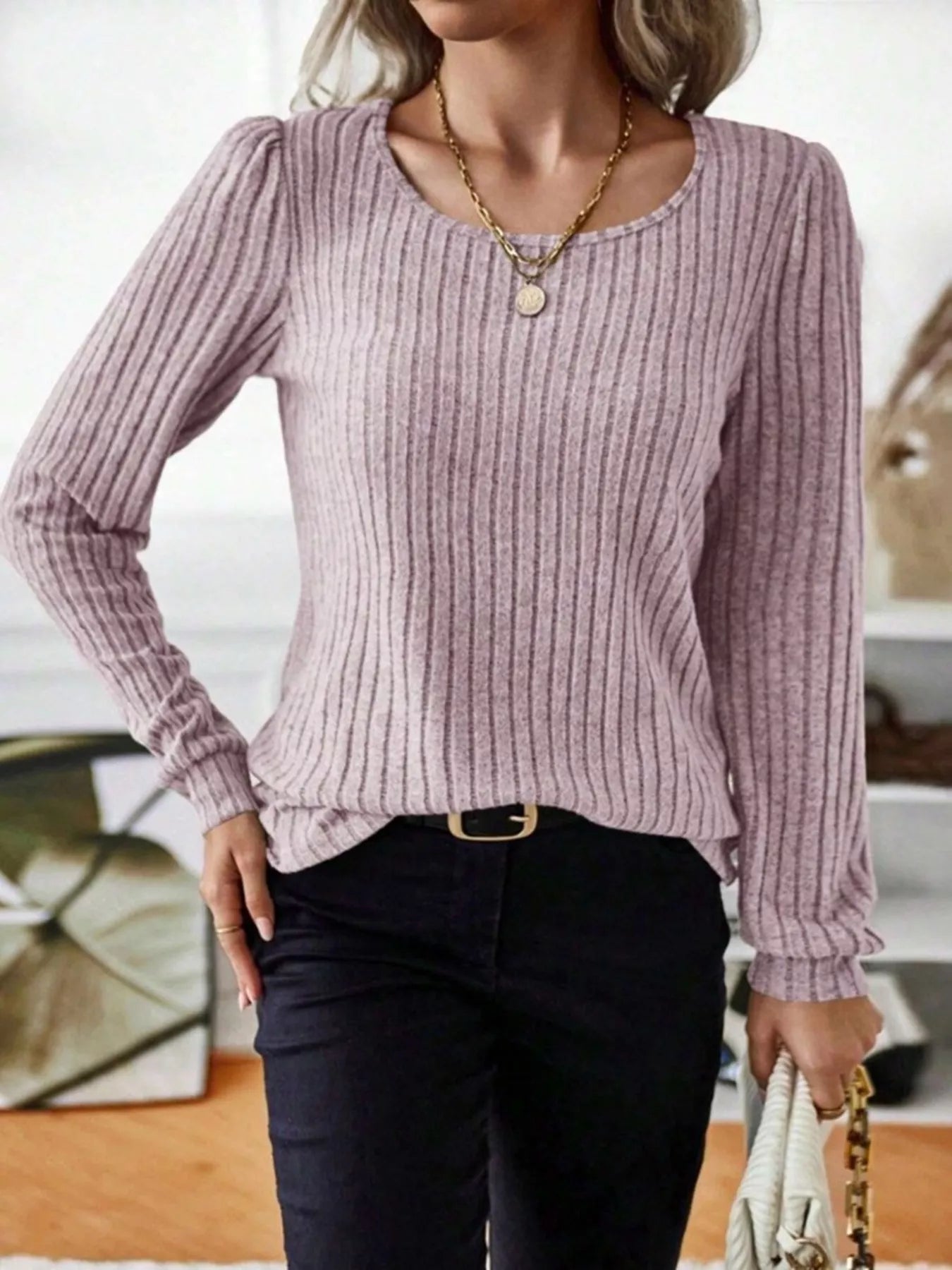 Fashorio Ribbed Knit Long Sleeve T-Shirt