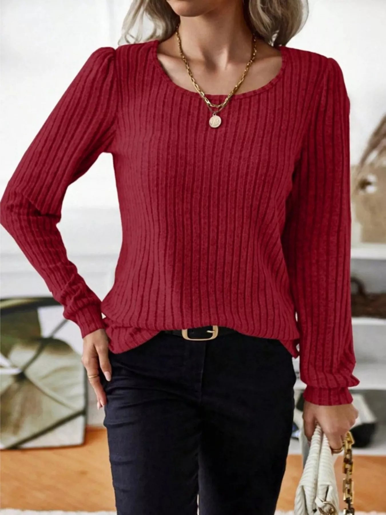 Fashorio Ribbed Knit Long Sleeve T-Shirt