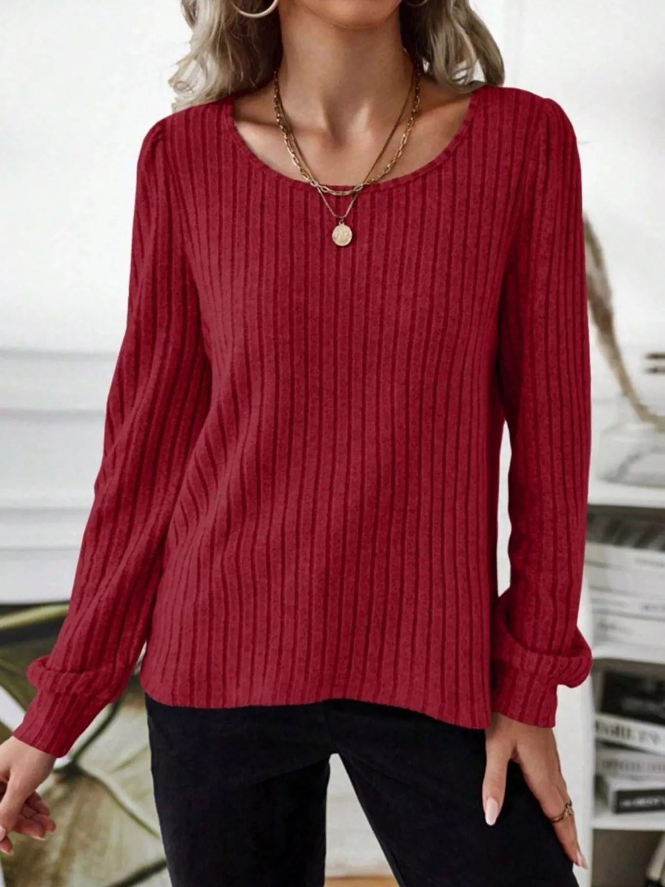 Fashorio Ribbed Knit Long Sleeve T-Shirt