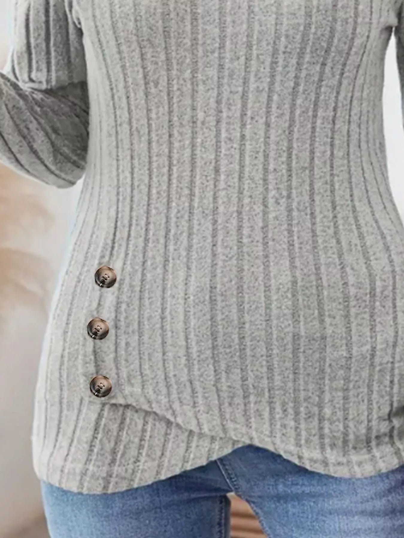 Fashorio Ribbed Knit Notched Long Sleeve Top